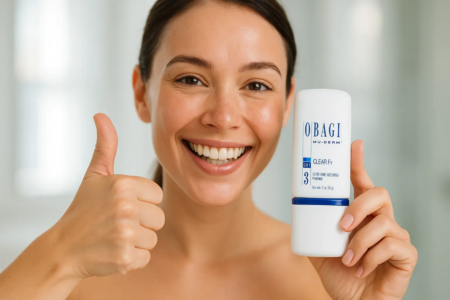 Smiling woman recommends Obagi product