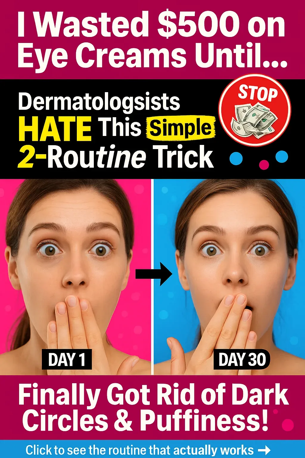 Woman amazed eye transformation