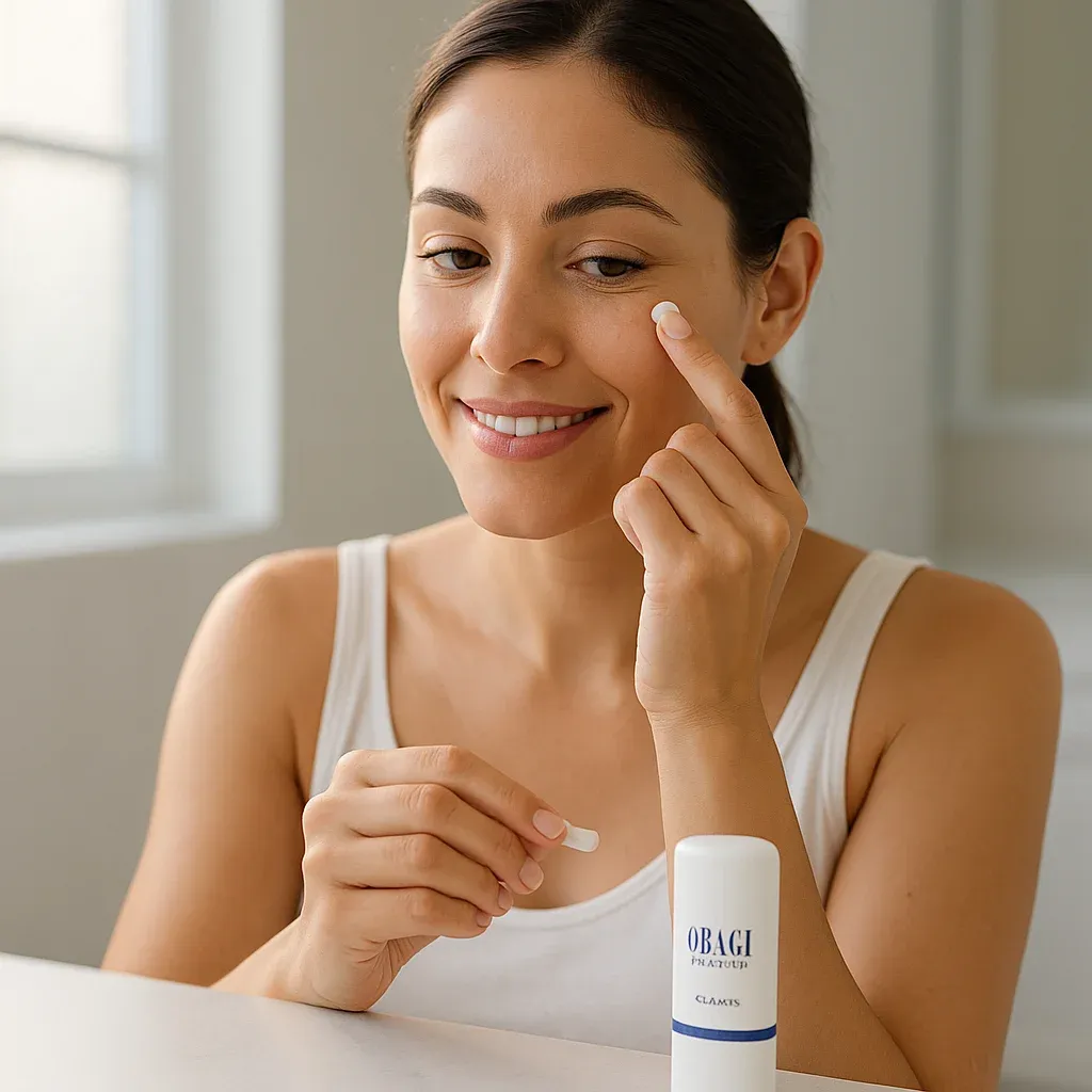 Woman applies Obagi eye cream