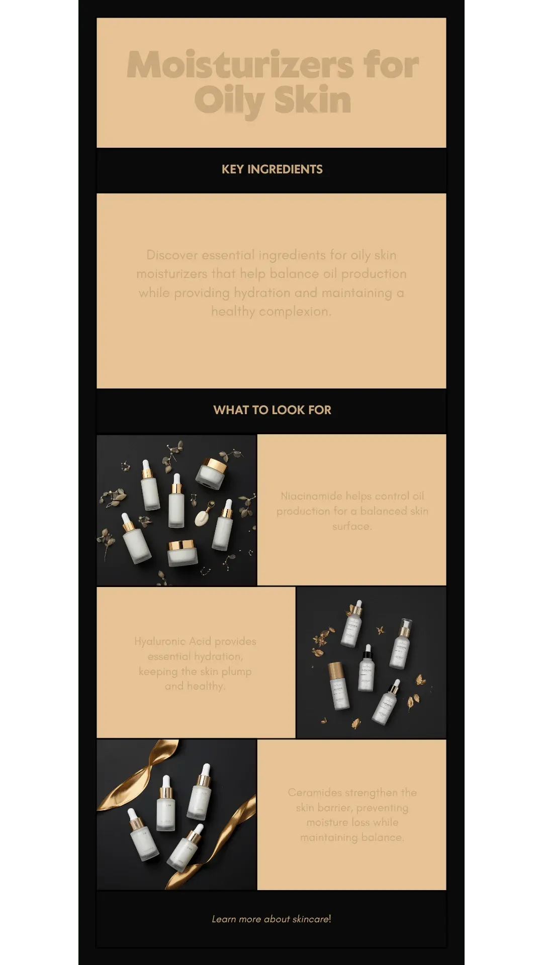 Moisturizers for Oily Skin Infographic — Key ingredients guide showing niacinamide, hyaluronic acid, ceramides, salicylic acid, and zinc PCA