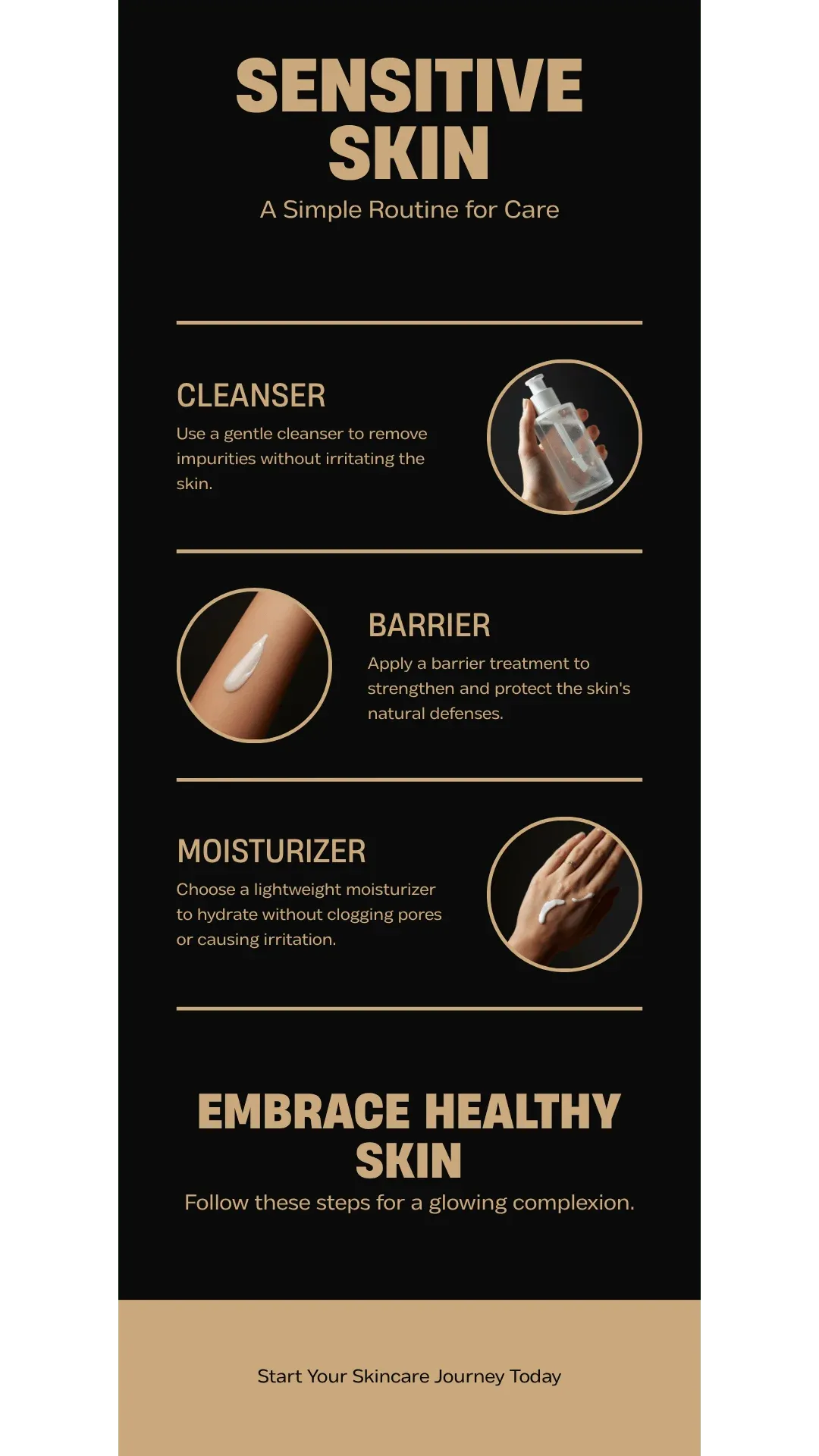 Sensitive Skin Routine Infographic - 4 simple steps: gentle cleanser, barrier treatment, moisturizer, mineral SPF