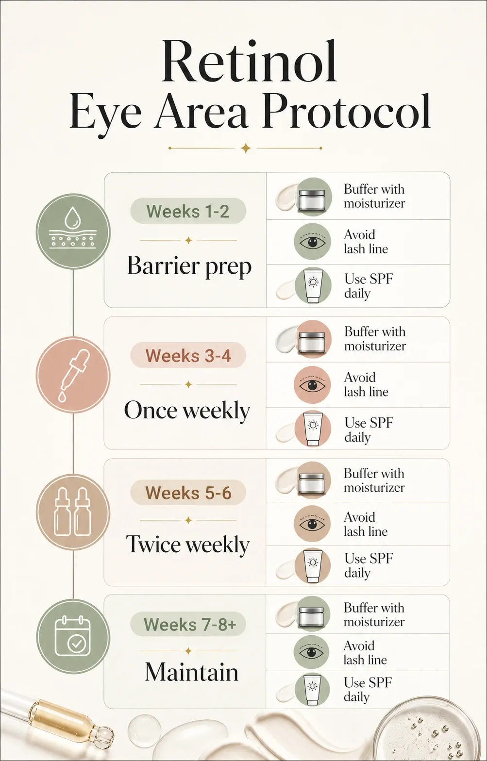 Infographic showing a safe eight-week retinol eye area protocol with barrier prep, once-weekly use, twice-weekly use, and maintenance phases