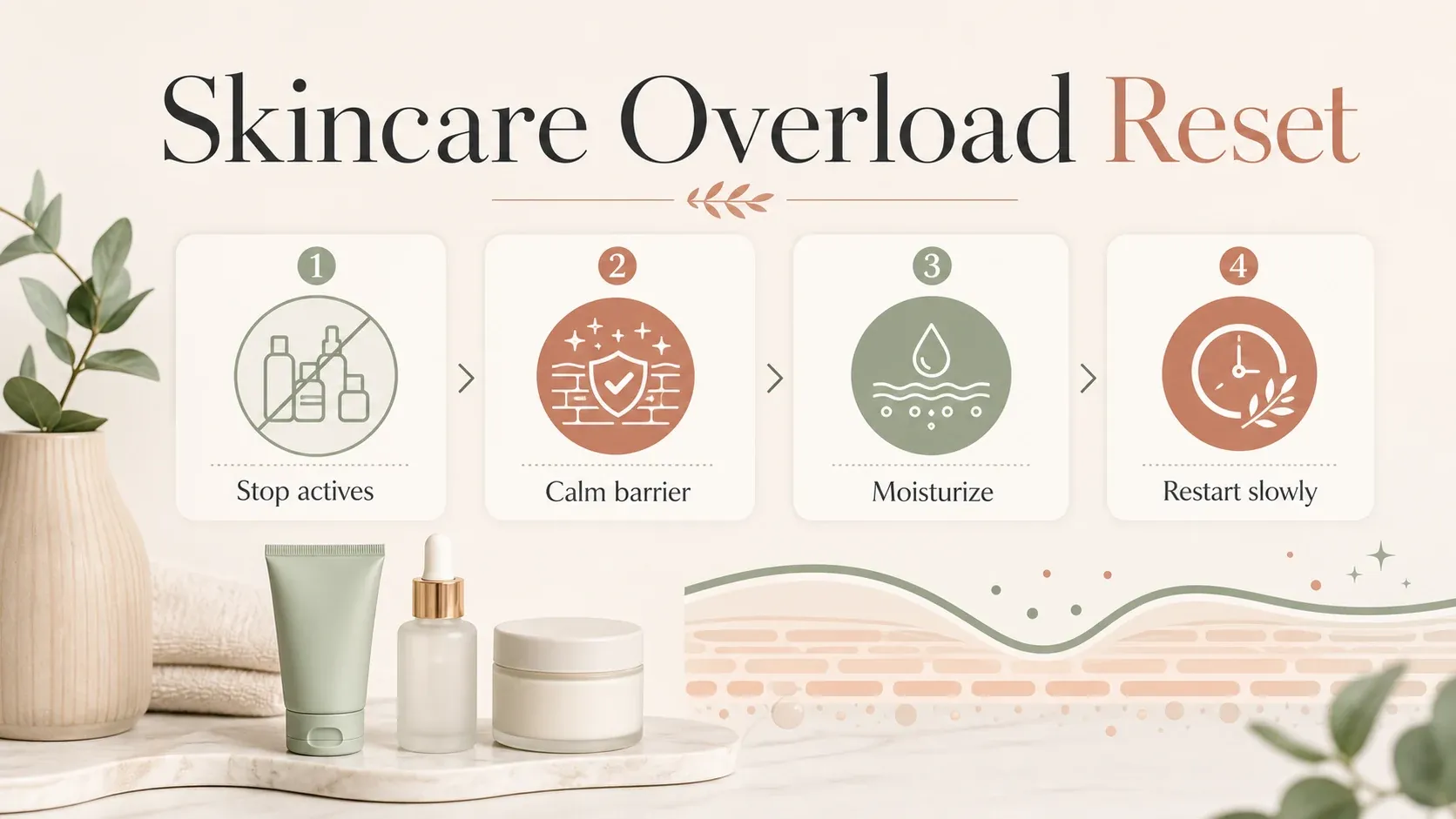 Skincare overload reset infographic showing stop actives, calm barrier, moisturize, and restart slowly