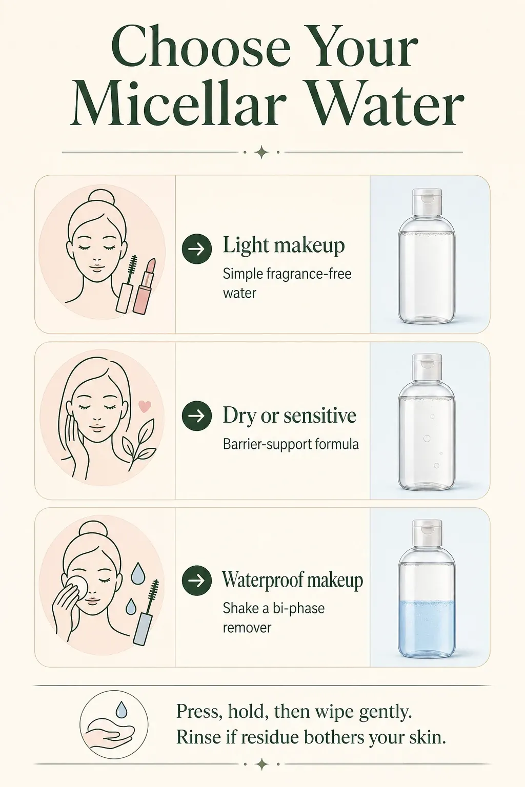 Decision guide for choosing micellar water for light makeup, sensitive skin, or waterproof makeup
