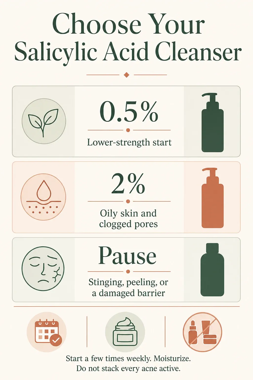 Decision guide for choosing a 0.5% or 2% salicylic acid cleanser and knowing when to pause