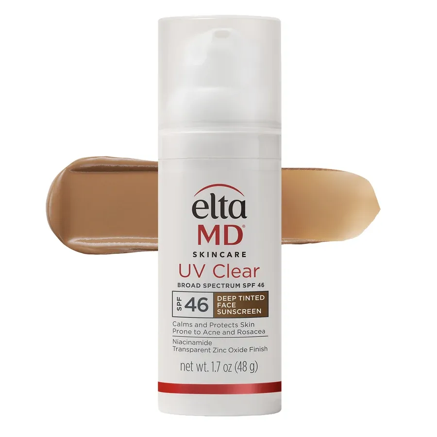EltaMD UV Clear Deep Tinted SPF 46 bottle and tint swatch