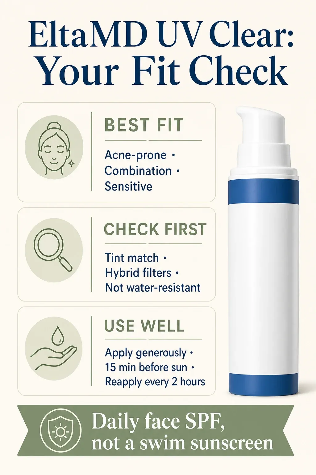EltaMD UV Clear fit check for acne-prone, combination, and sensitive skin with tint, filter, and water-resistance cautions