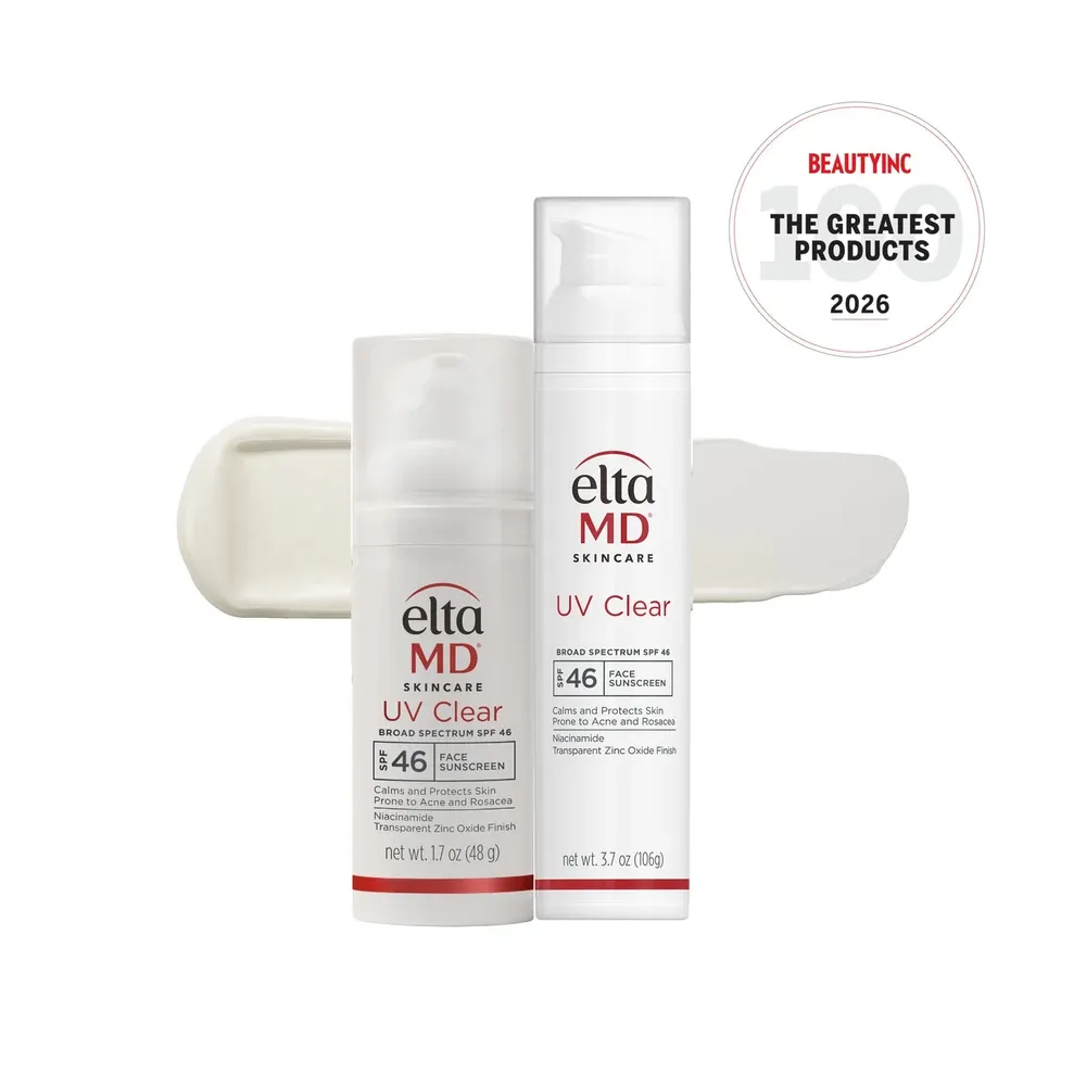EltaMD UV Clear Broad-Spectrum SPF 46 sunscreen bottles and tint swatches