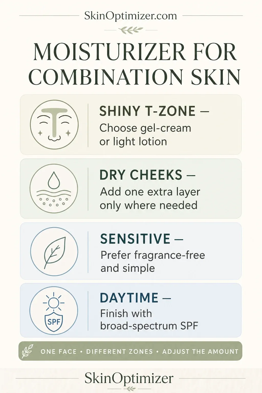How to moisturize shiny T-zone, dry cheeks, sensitive combination skin, and daytime combination skin
