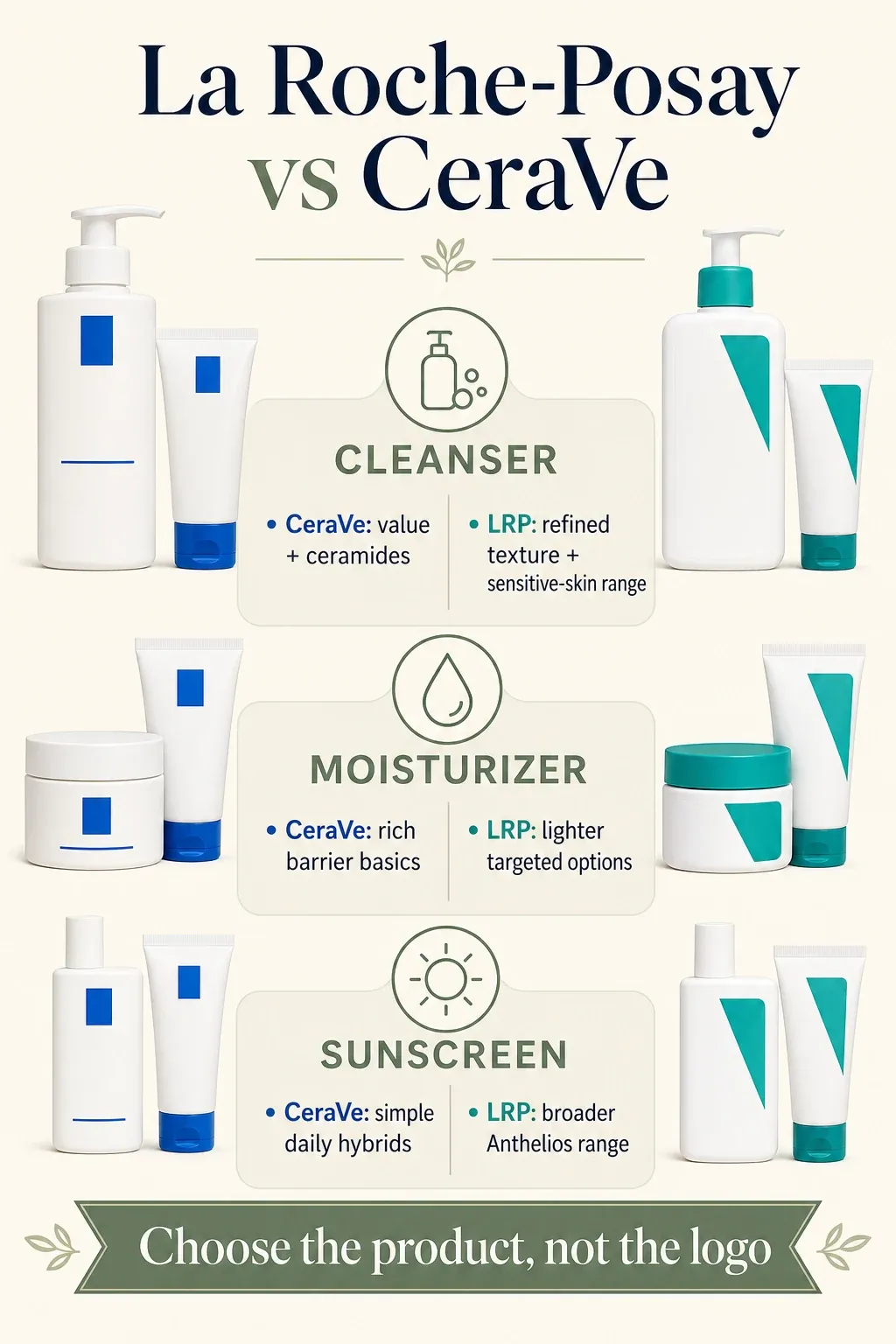 La Roche-Posay versus CeraVe comparison across cleansers, moisturizers, and sunscreens with category-specific strengths