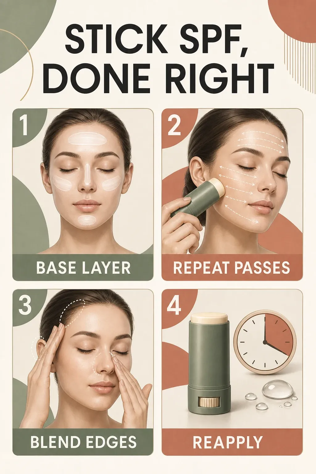 Four-step guide to applying and reapplying sunscreen sticks with a base layer, repeated passes, blended edges, and timely reapplication
