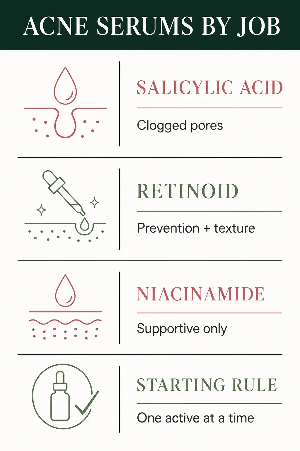 Acne serum decision guide for salicylic acid, retinoids and niacinamide