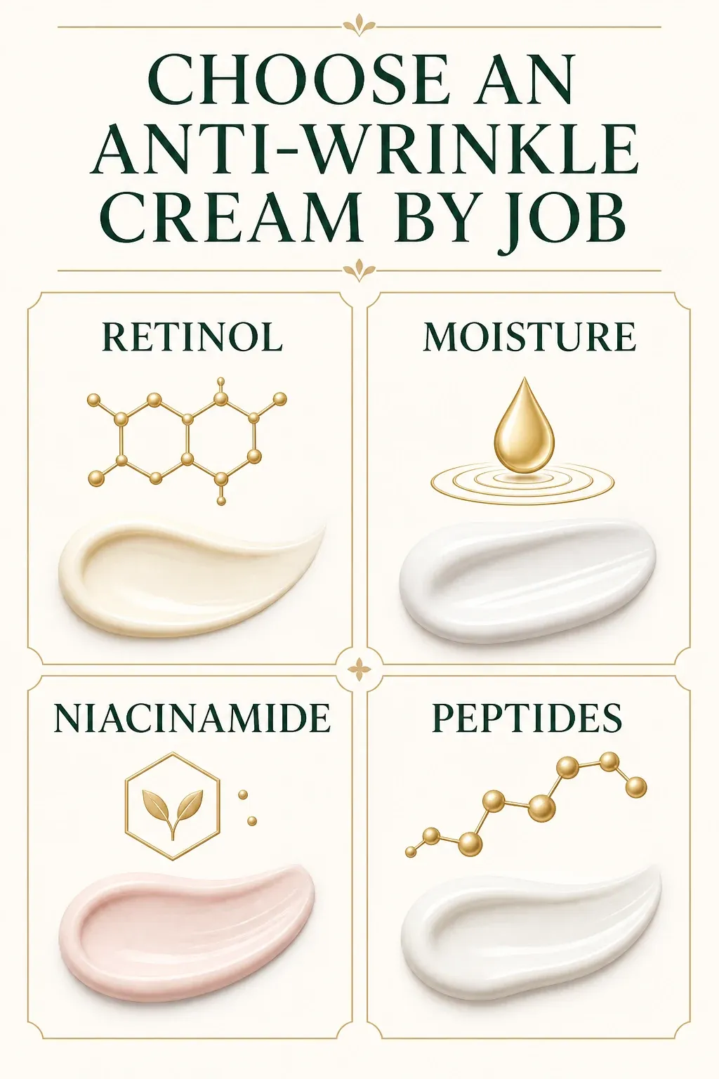 Anti-wrinkle cream infographic comparing retinol, moisture, niacinamide and peptide product jobs