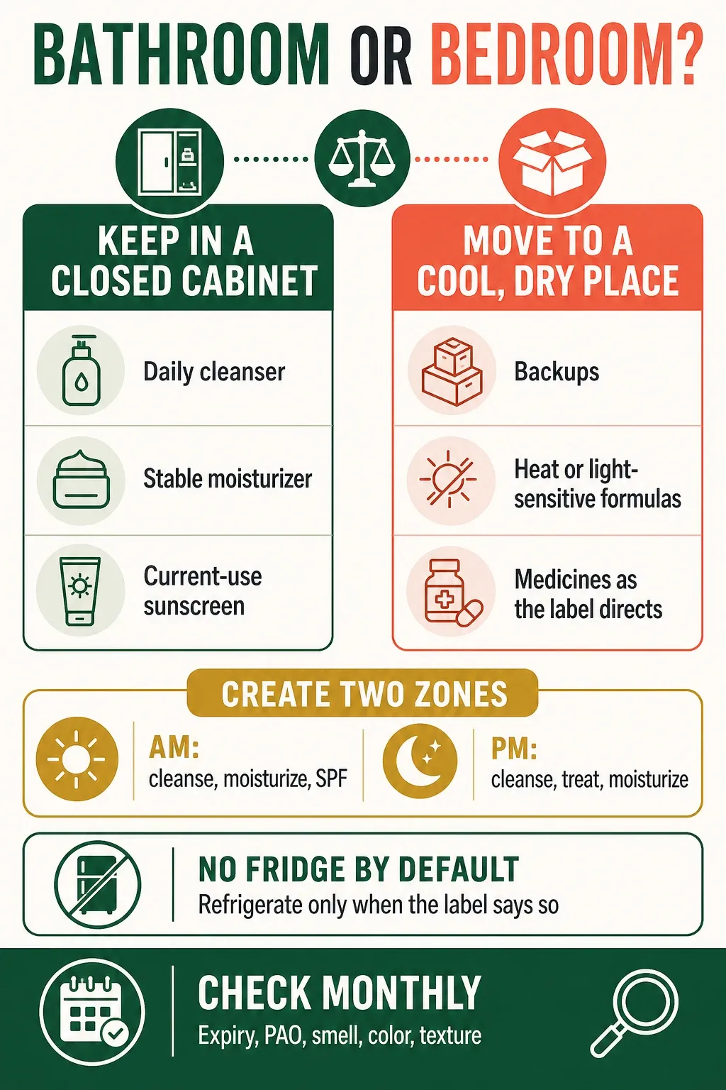 Bathroom or bedroom decision guide for skincare storage, routine zones and monthly checks