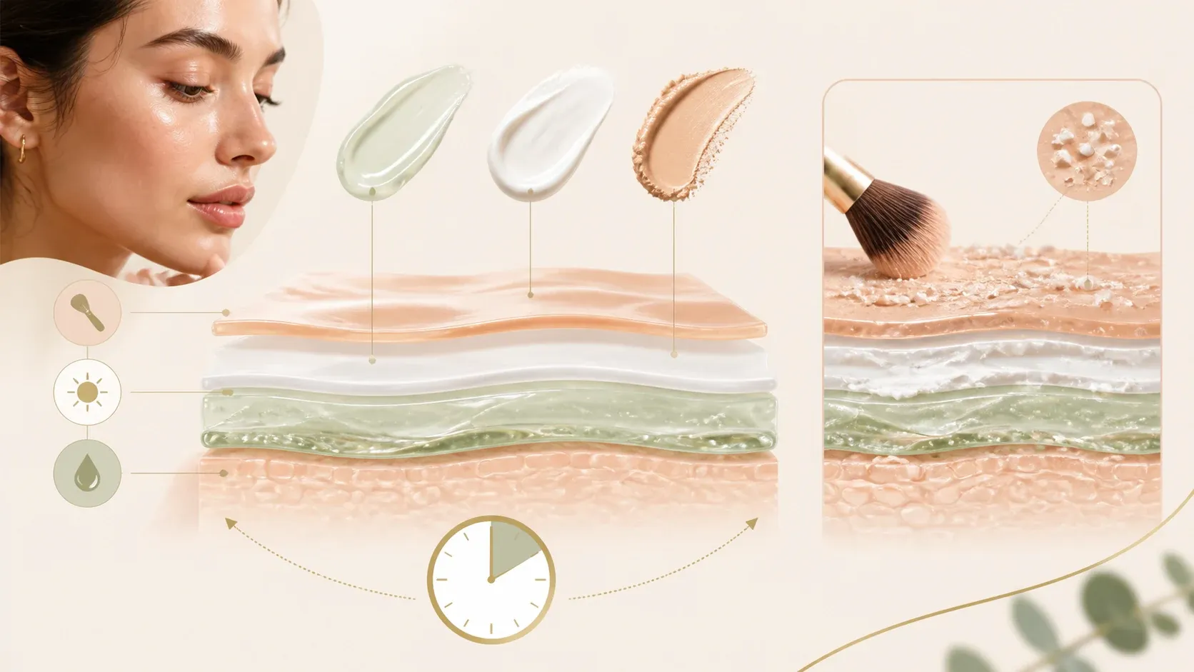 Sunscreen under makeup layering diagram with moisturizer sunscreen film dry down and foundation