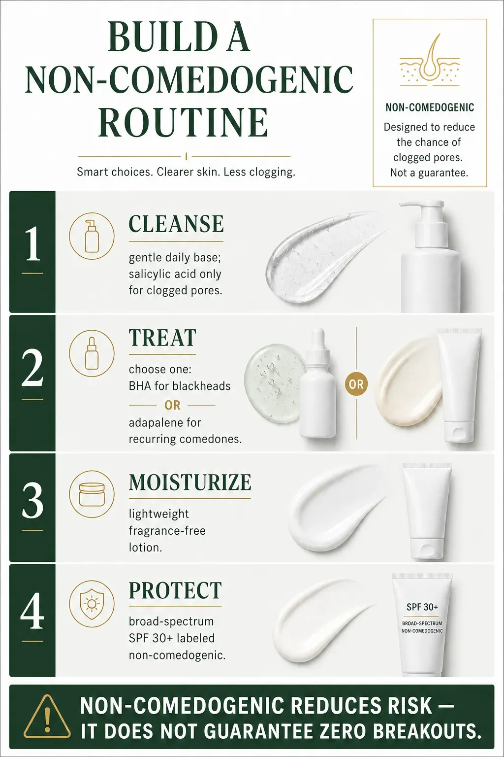 Four-step non-comedogenic routine with cleanser, one acne treatment, lightweight moisturizer and sunscreen