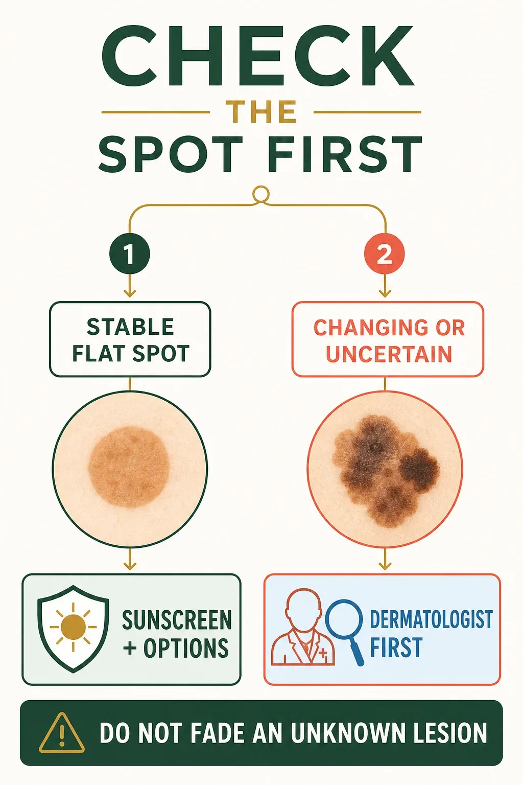 Decision guide showing that changing or uncertain dark spots need dermatologist assessment before fading