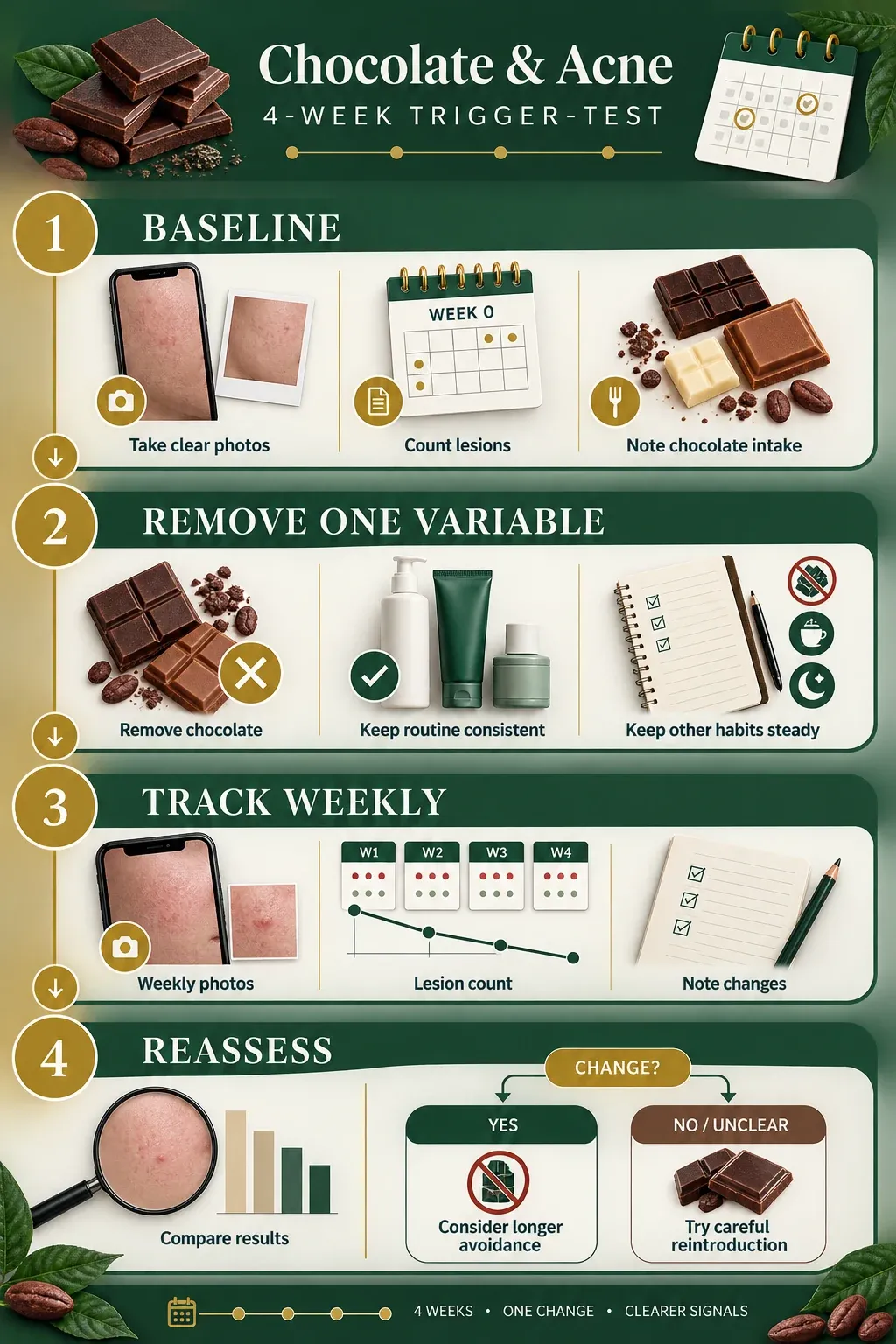 Four-week chocolate and acne trigger test with baseline, removal, tracking and reassessment