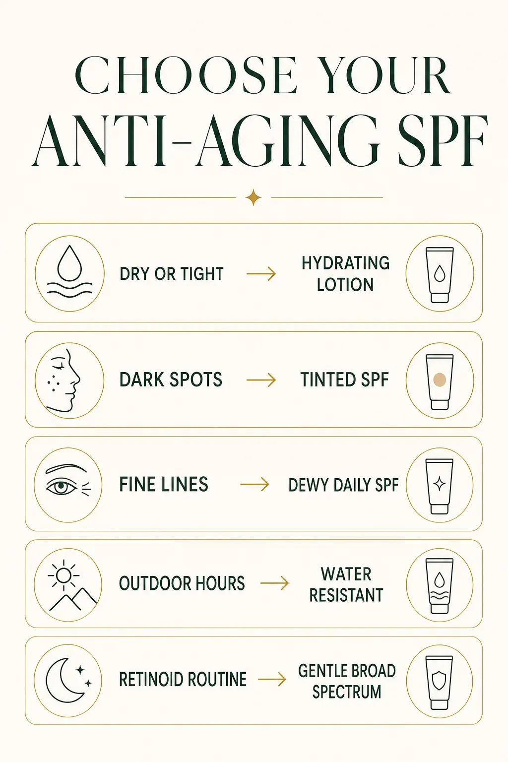 Decision guide for choosing anti-aging sunscreen by dryness, dark spots, fine lines, outdoor exposure and retinoid use