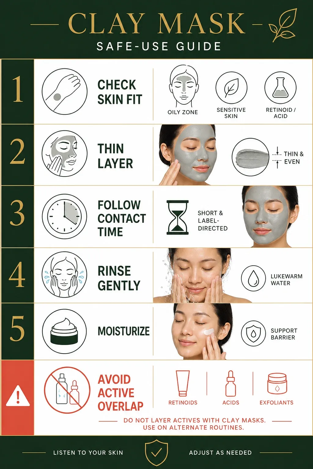 Clay mask safe-use guide for skin fit, contact time, active overlap and aftercare