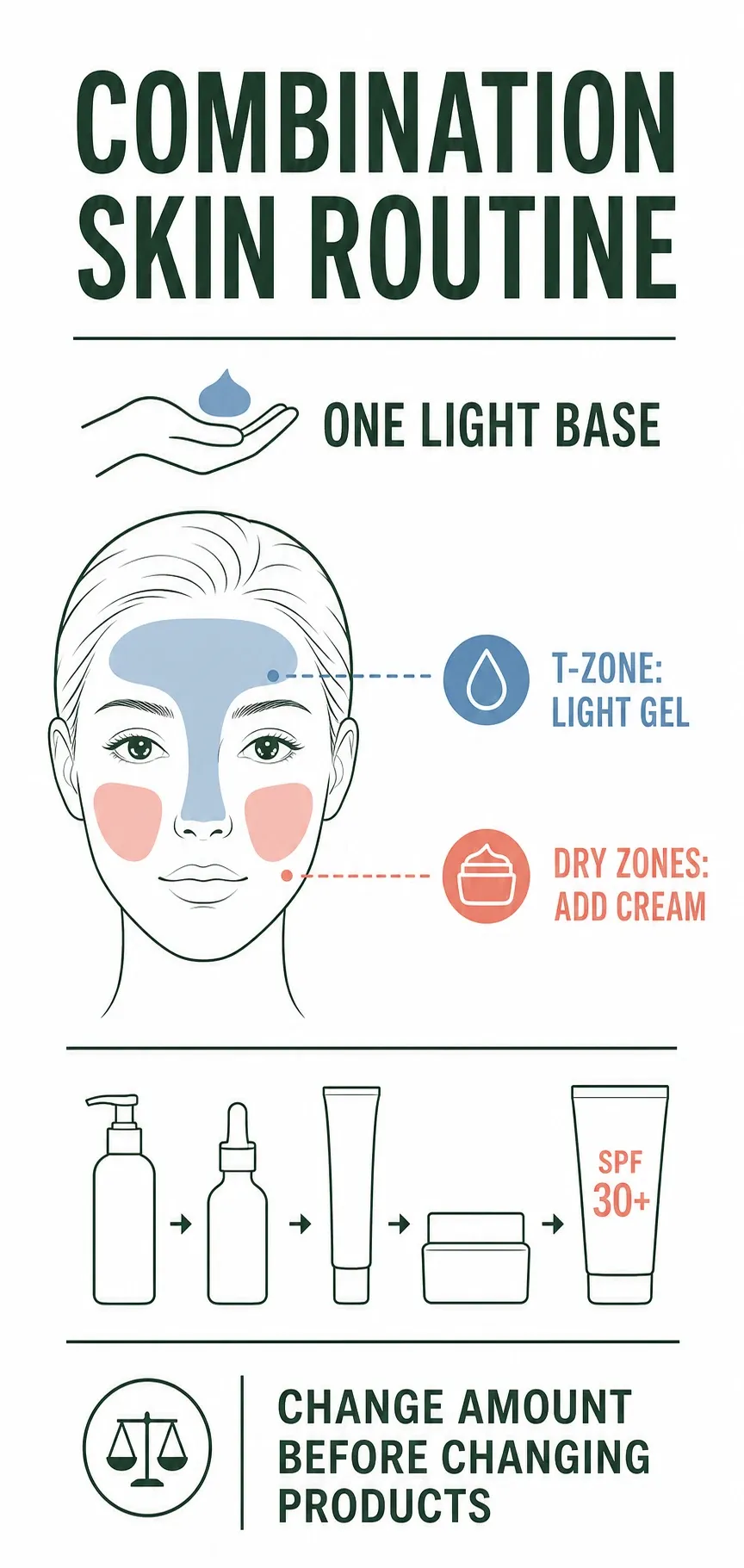 Combination skin routine showing a light base, gel for the T-zone, cream for dry zones and SPF 30 plus