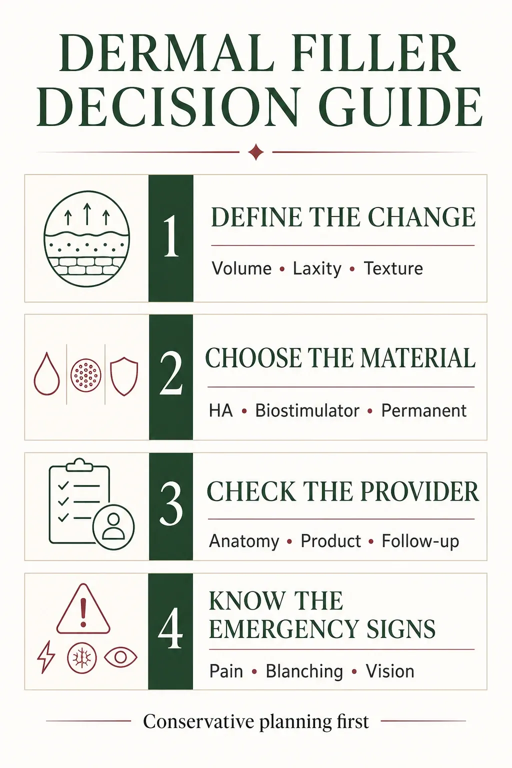Dermal filler decision guide comparing goal, material, provider and emergency planning