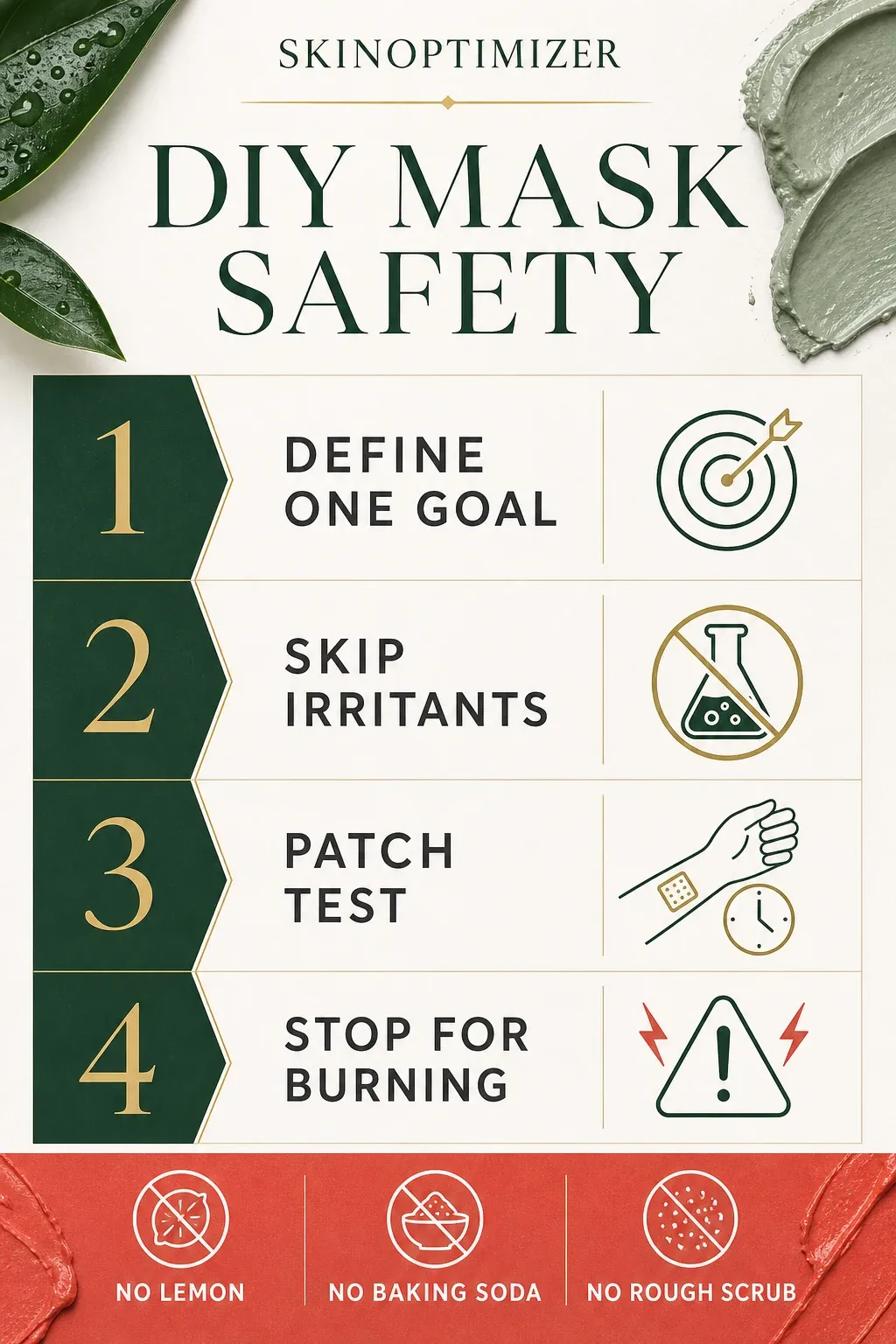 DIY face mask decision guide for hydration, acne, irritation, patch testing and stop signs