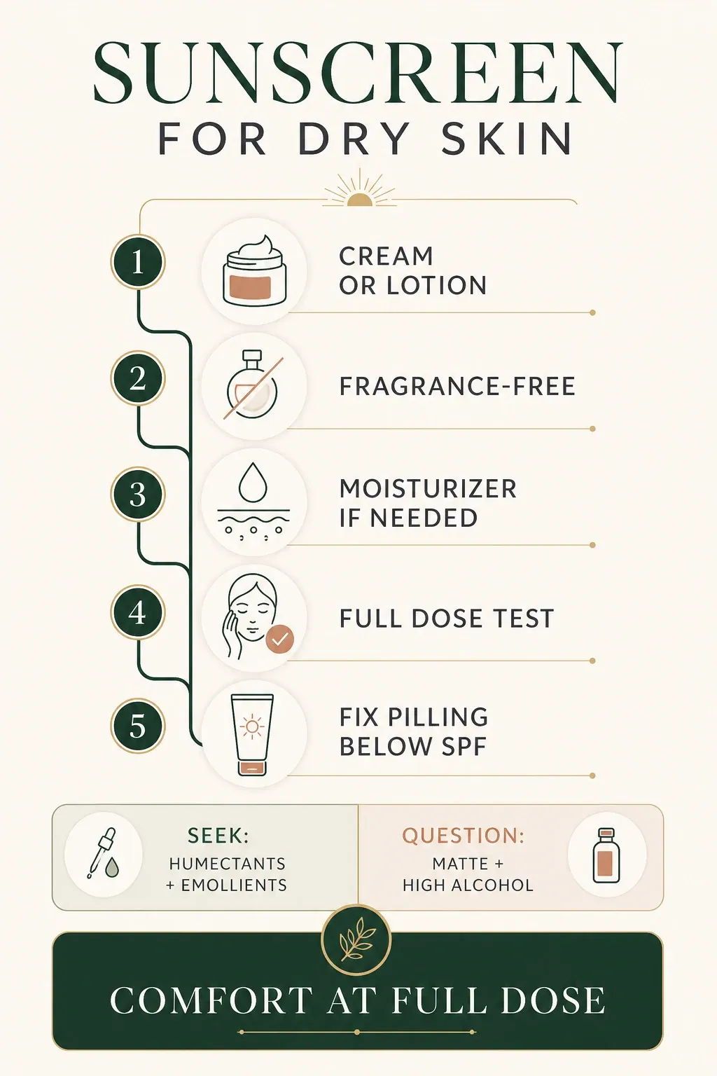 Dry-skin sunscreen decision guide for vehicle, fragrance, moisturizer, full dose and pilling