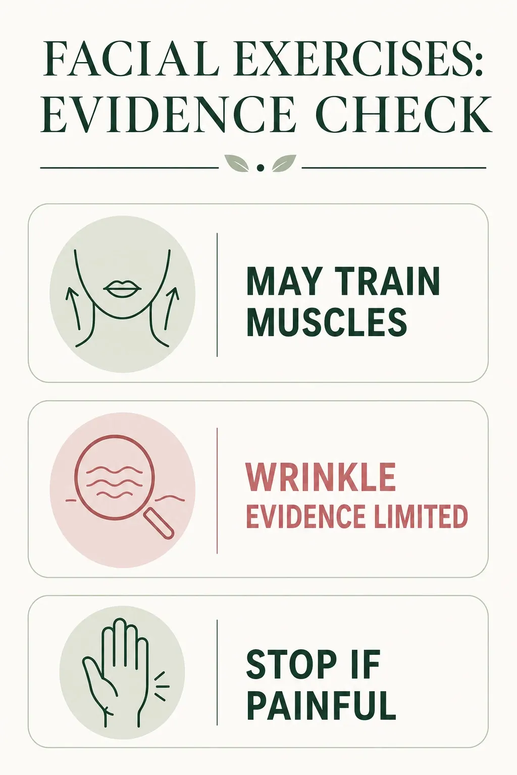 Facial exercises evidence check showing possible muscle training, limited wrinkle evidence and a pain stop rule