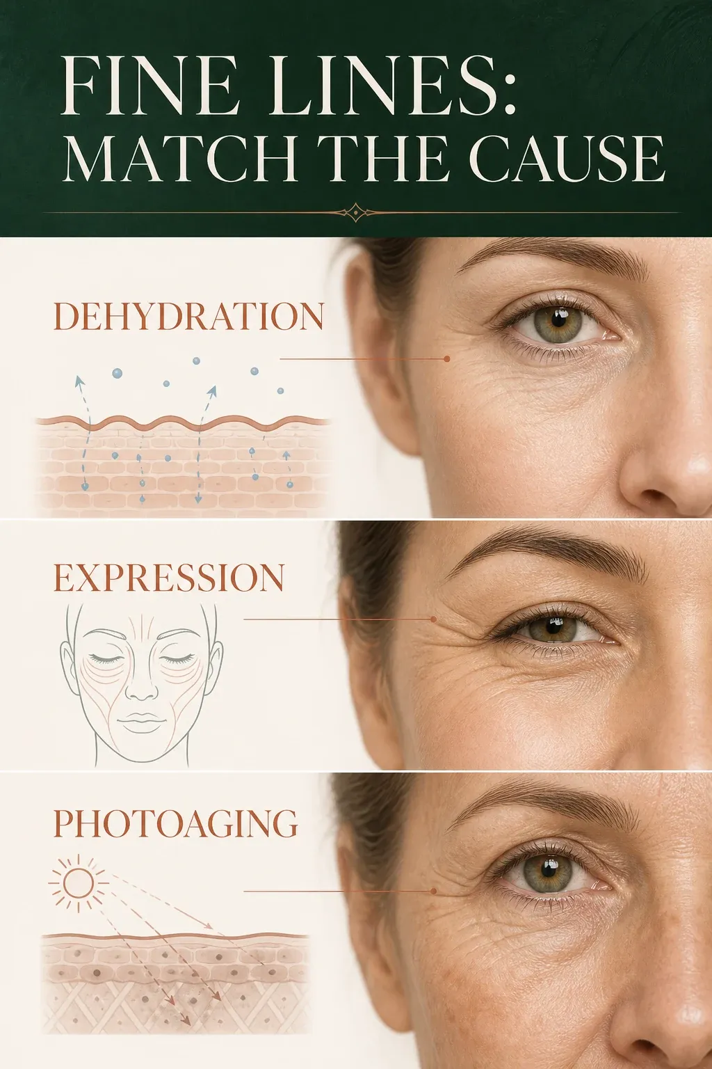 Fine-lines infographic comparing dehydration lines, expression lines and photoaging