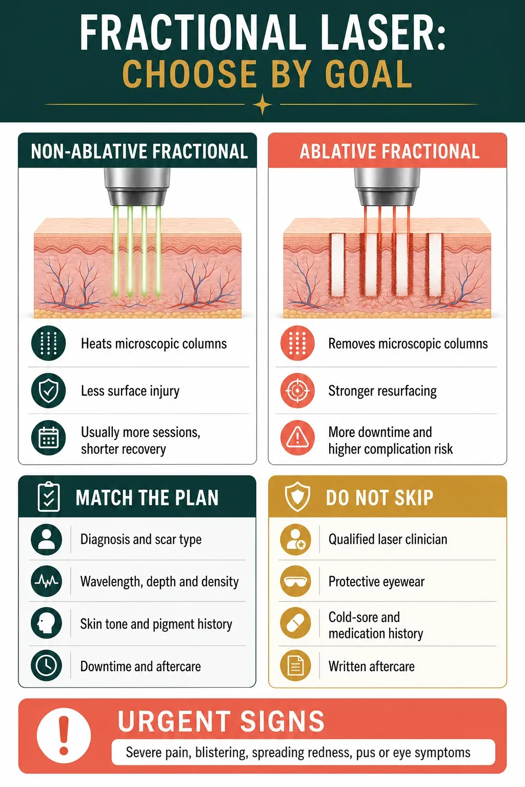 Fractional laser decision guide comparing non-ablative and ablative resurfacing with safety checks
