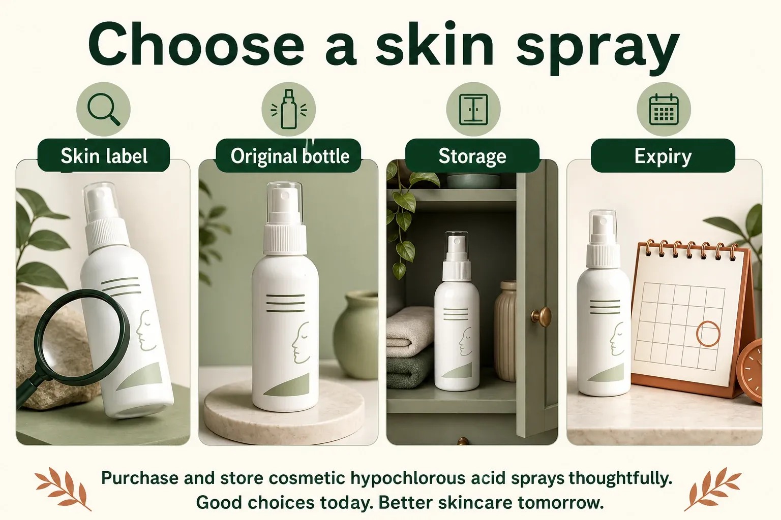 HOCl spray buying infographic covering skin-use label, original bottle, storage and expiry