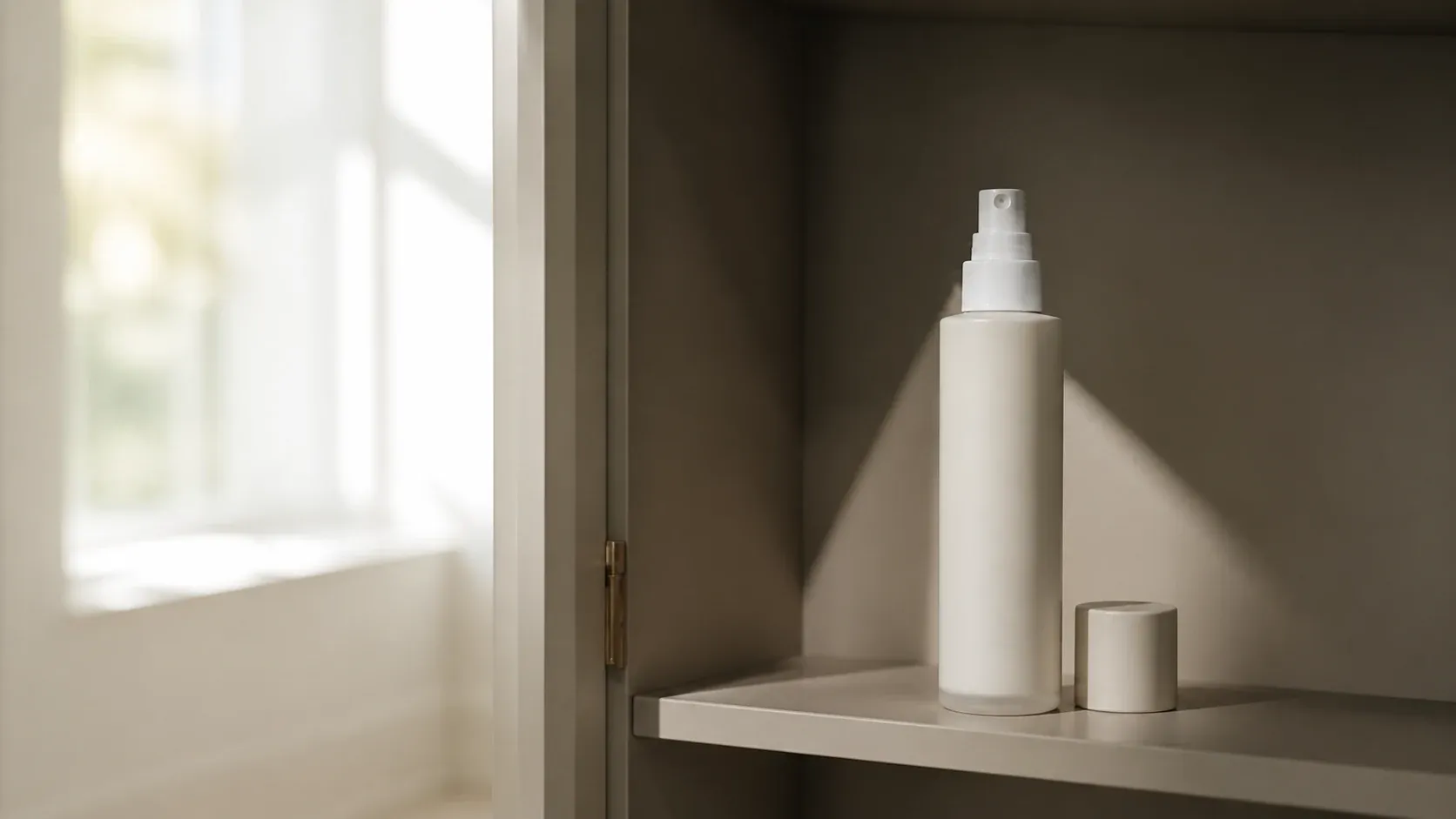 Unbranded opaque facial mist bottle in a shaded cupboard