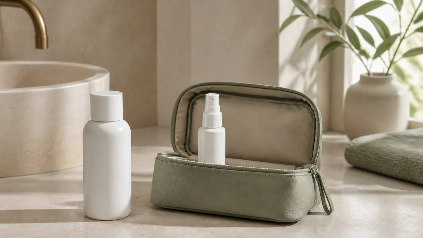 Small original mist bottle in a travel pouch beside a larger bottle