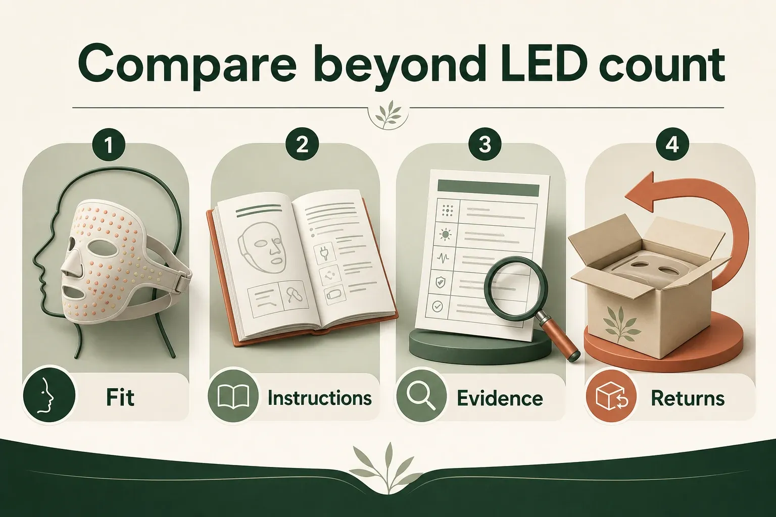 LED mask decision infographic showing fit, instructions, evidence and returns