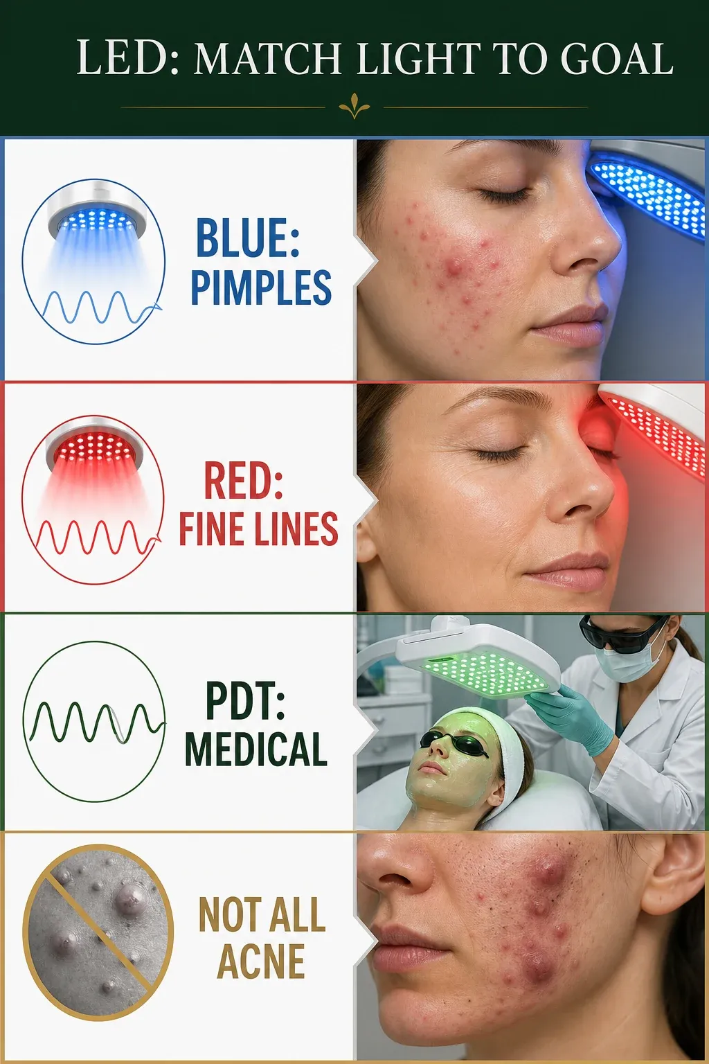 LED light therapy evidence guide comparing blue, red, near-infrared and PDT