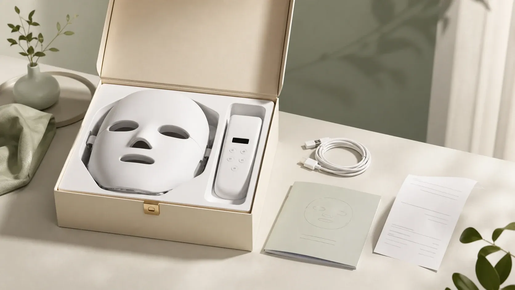Generic LED mask in a storage box with controller, cable and purchase paperwork