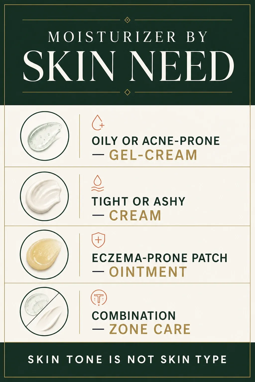 Moisturizer texture selector for melanin-rich skin by dryness, oiliness, sensitivity and body area