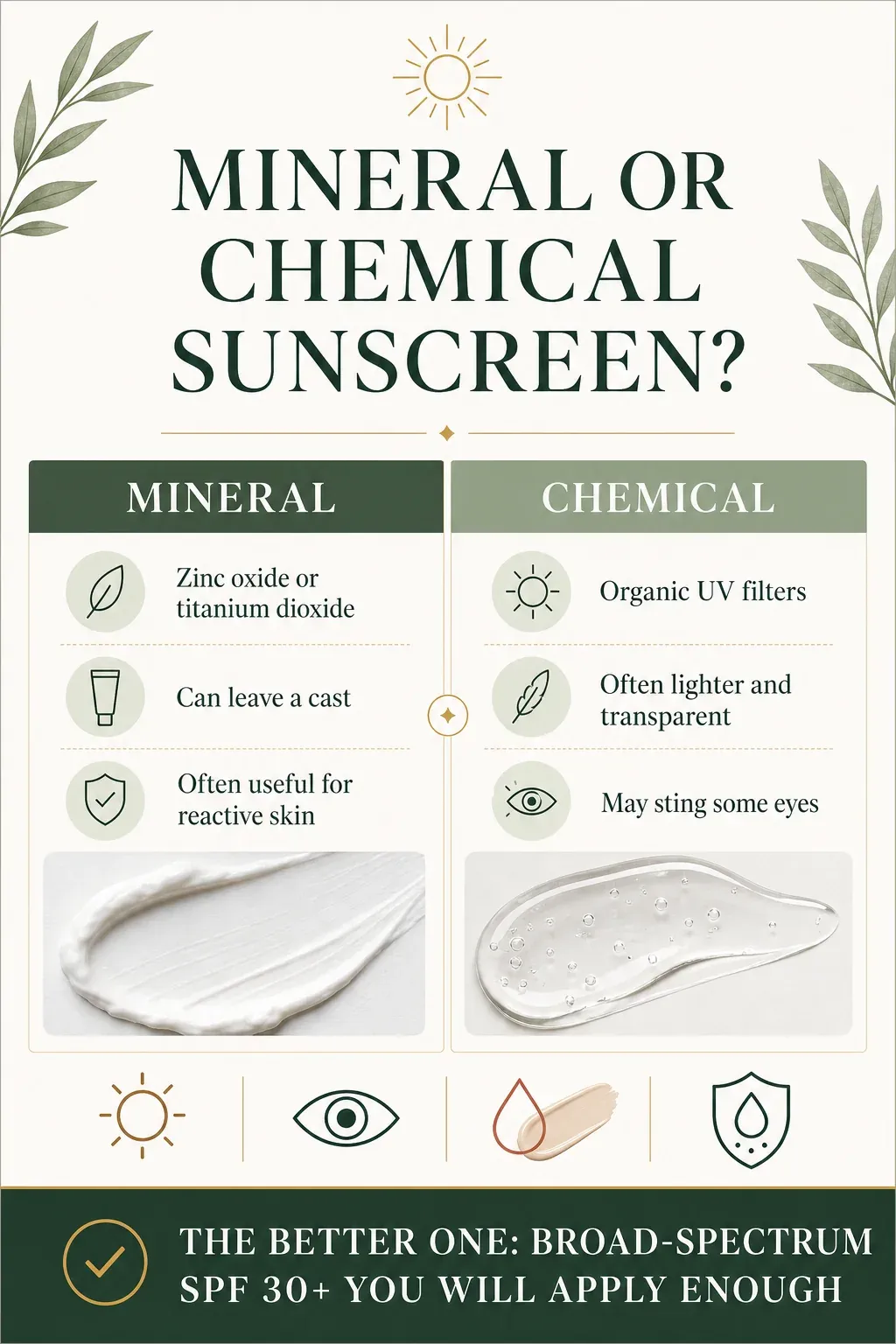 Mineral versus chemical sunscreen decision guide comparing filters, texture, cast and eye tolerance