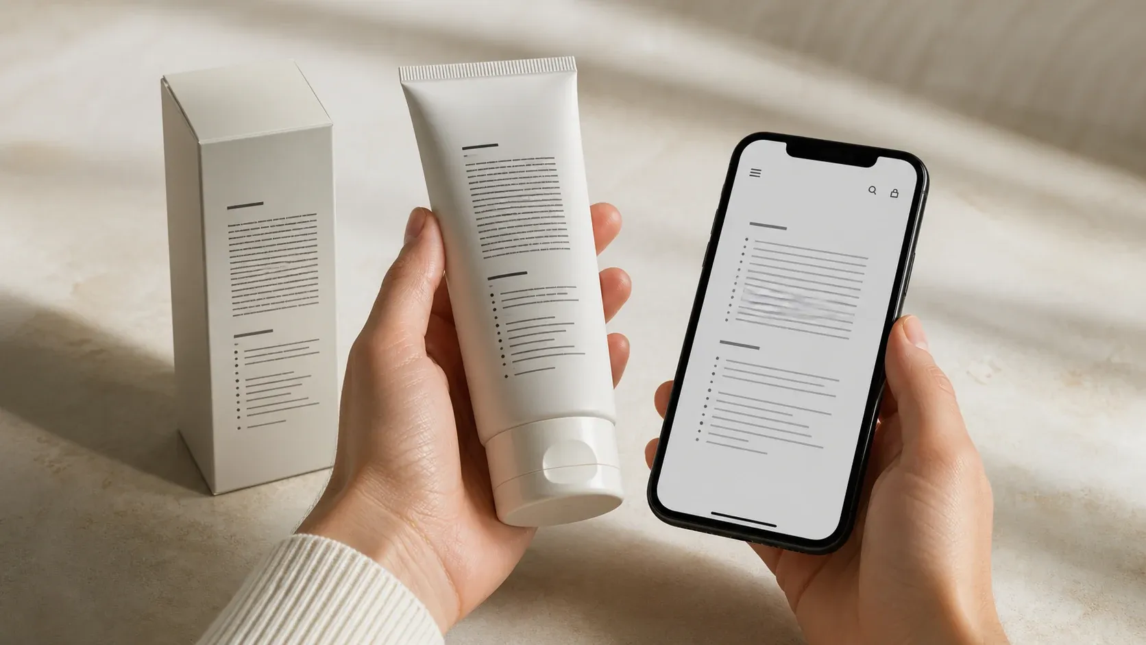 Hands comparing an unbranded skincare package with information on a phone