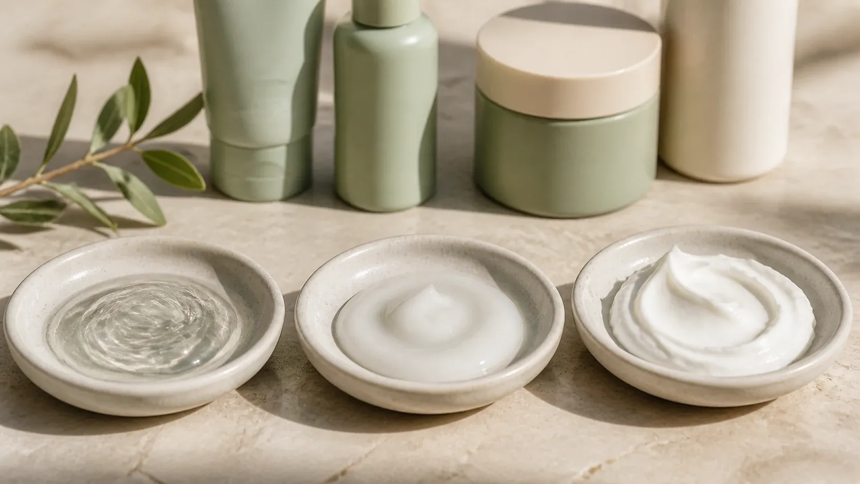 Generic gel, lotion and cream textures in separate ceramic dishes