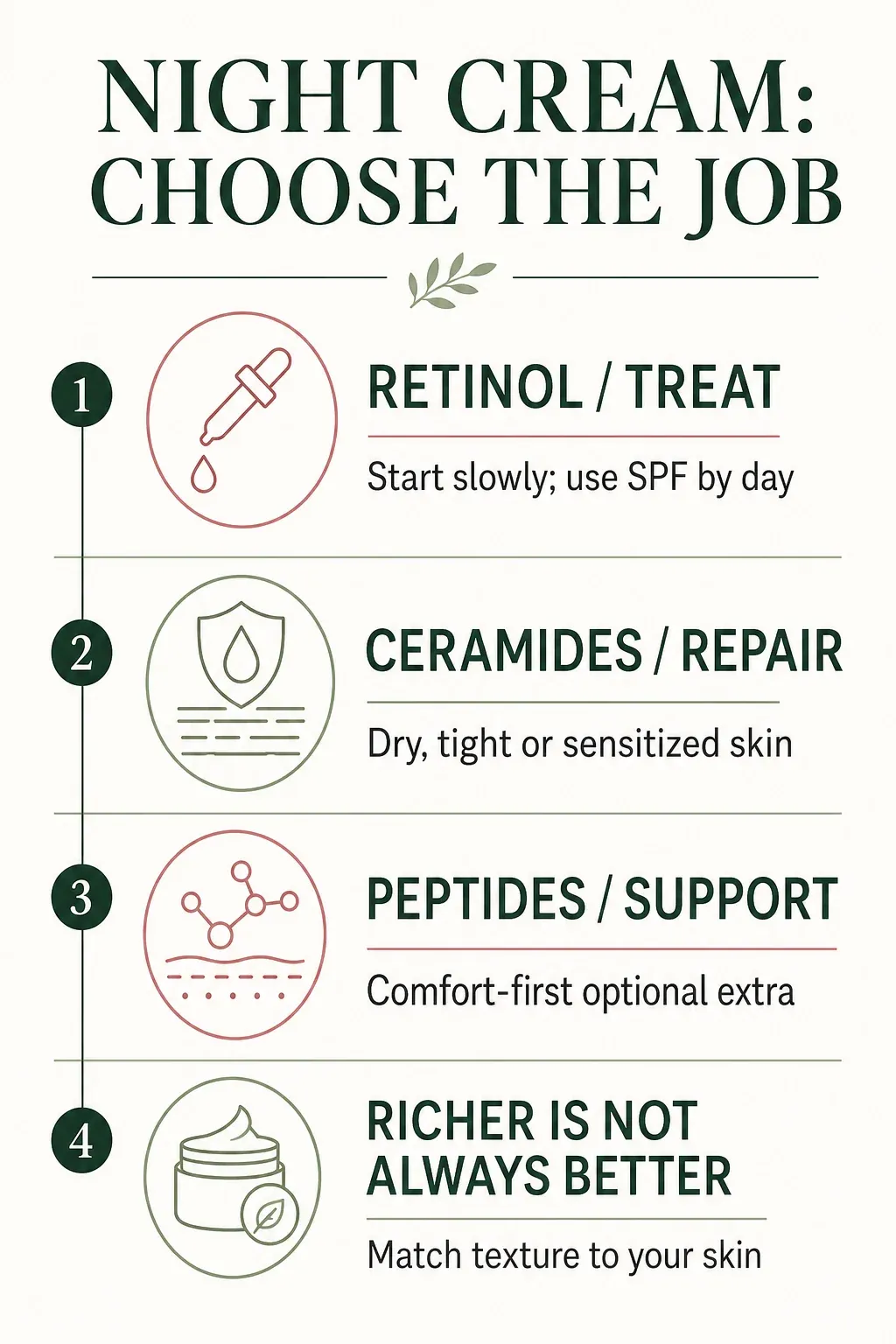 Night cream decision infographic comparing retinol, ceramides, peptides and cream richness