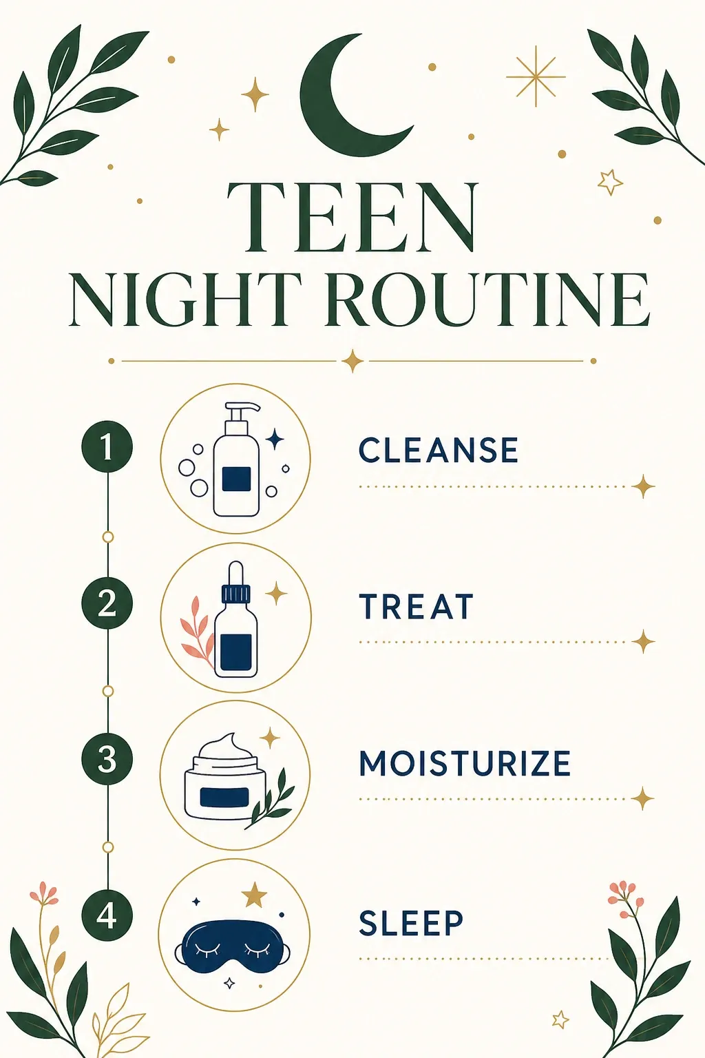 Teen nighttime skincare routine with cleanse, treat, moisturize and sleep steps
