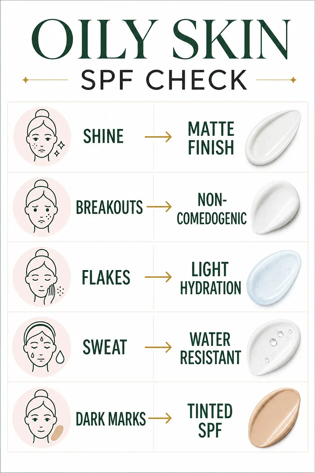 Oily skin sunscreen decision guide for shine, breakouts, flakes, sweat and dark marks