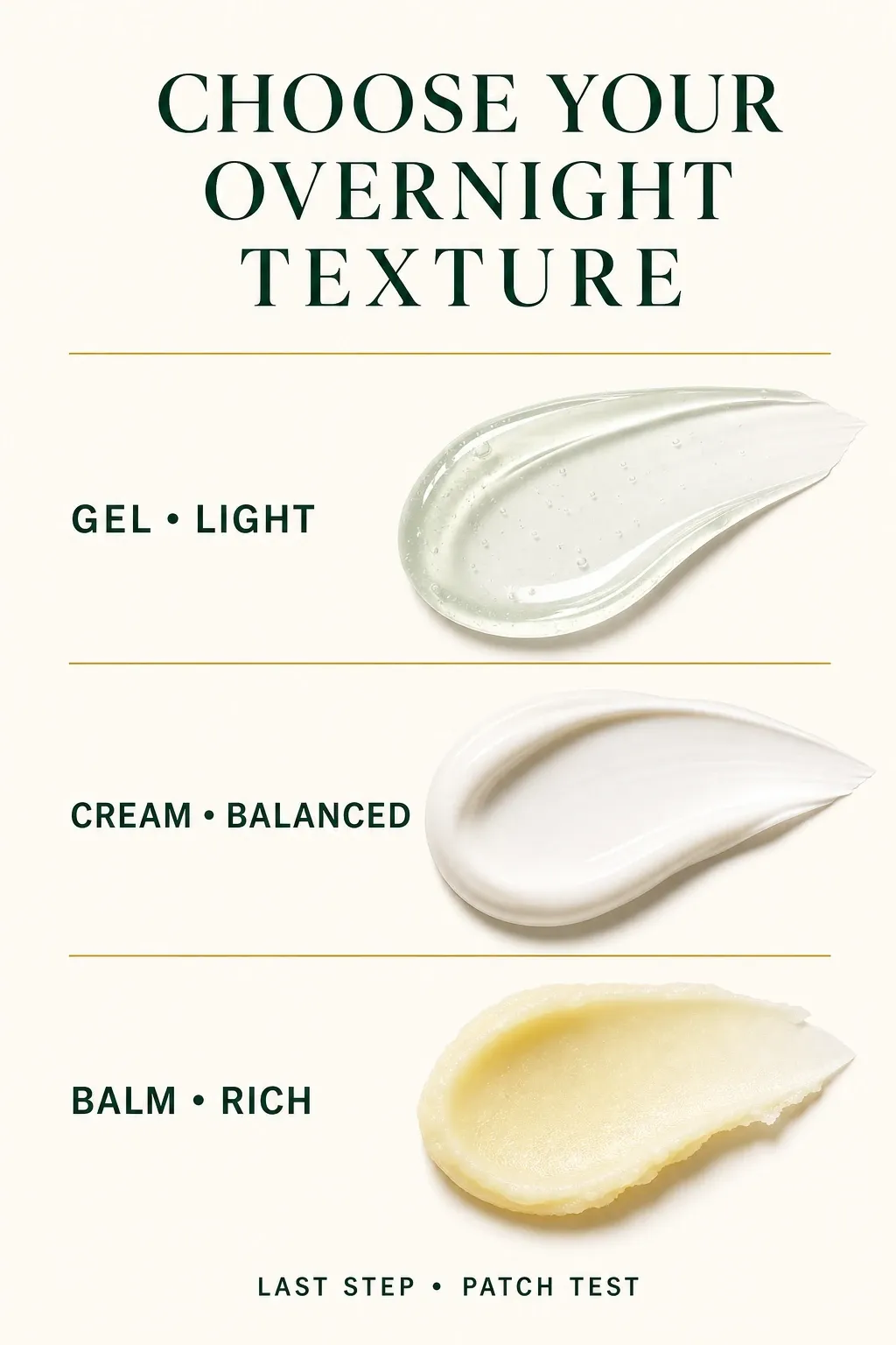 Overnight mask texture guide comparing light gel, balanced cream and rich balm