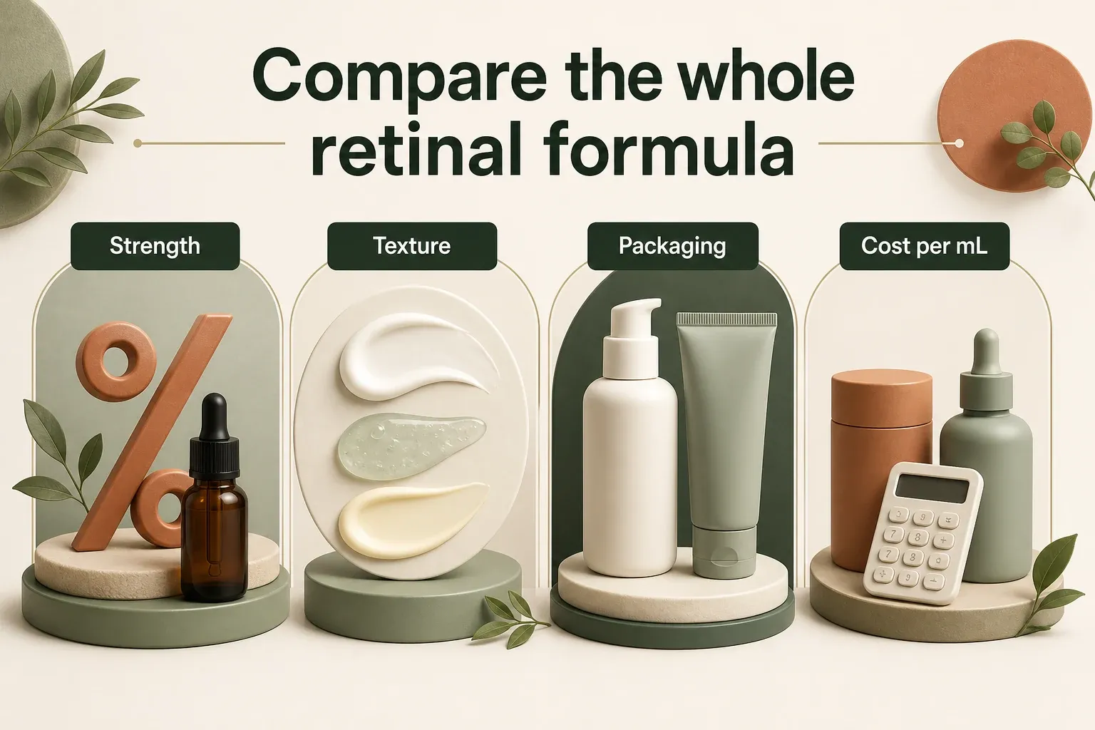 Retinal comparison infographic covering strength, texture, packaging and cost per mL