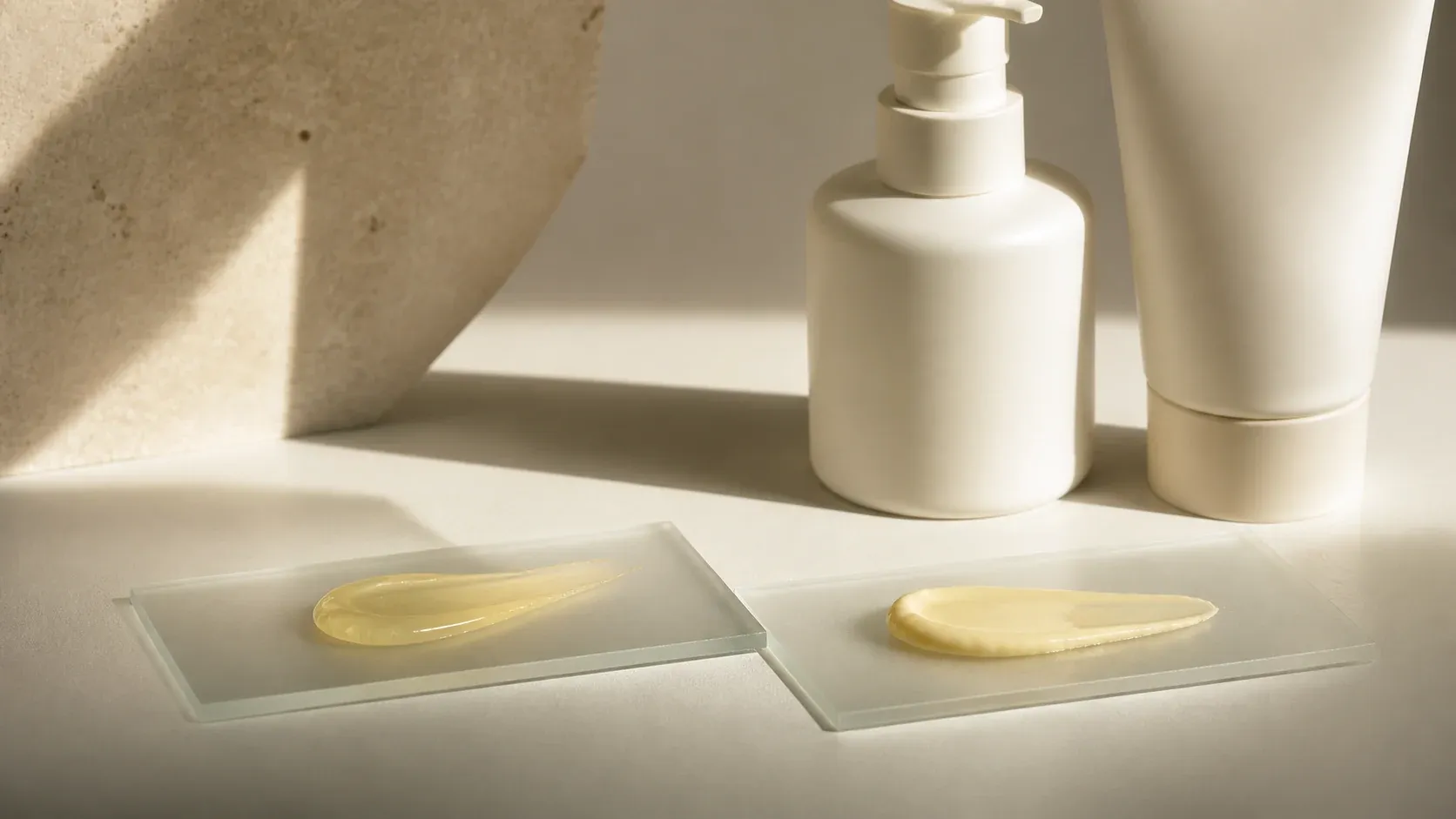 Two generic yellow skincare textures beside unbranded opaque containers
