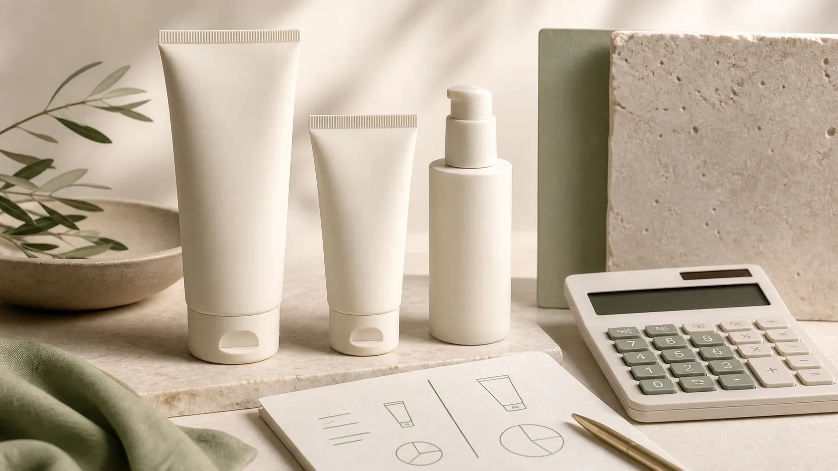 Unbranded skincare containers beside a calculator and comparison note