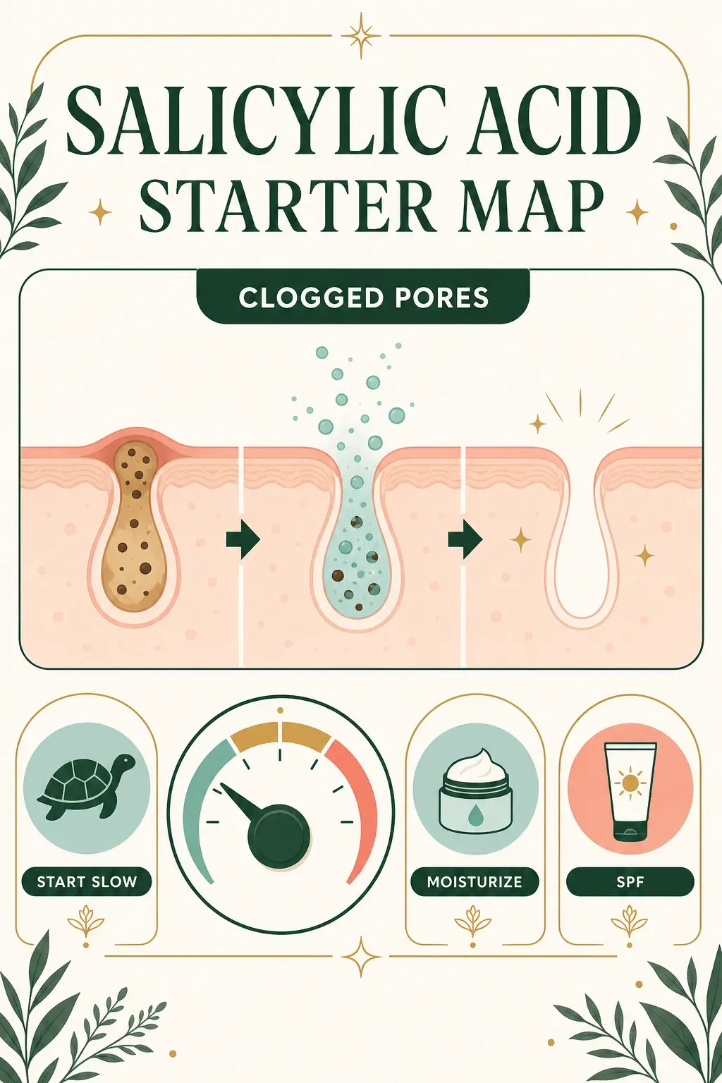 Salicylic acid starter map for clogged pores, frequency, moisturizer and sunscreen