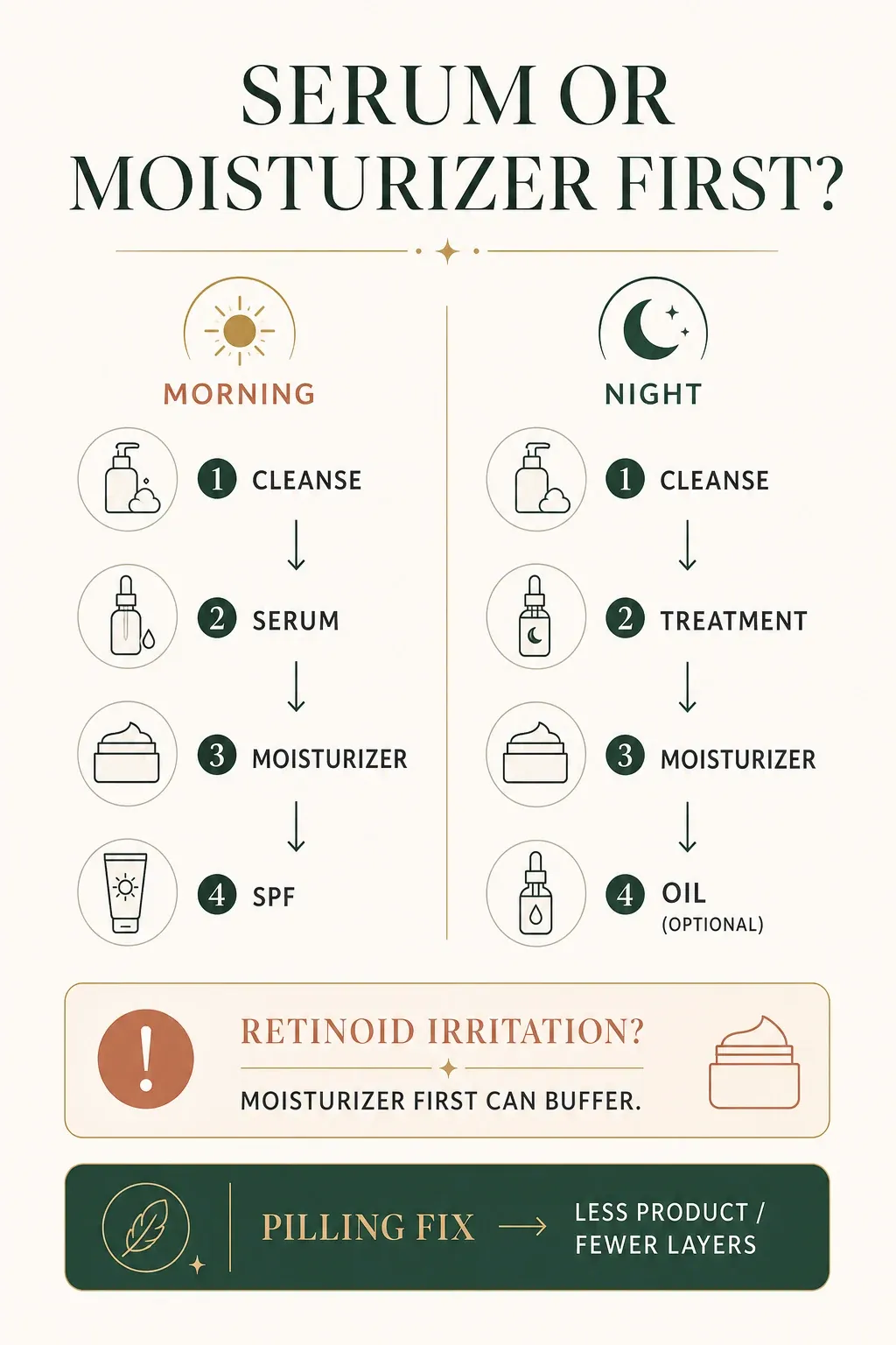 Skincare layering guide for serum, moisturizer, face oil, treatment and sunscreen with exceptions